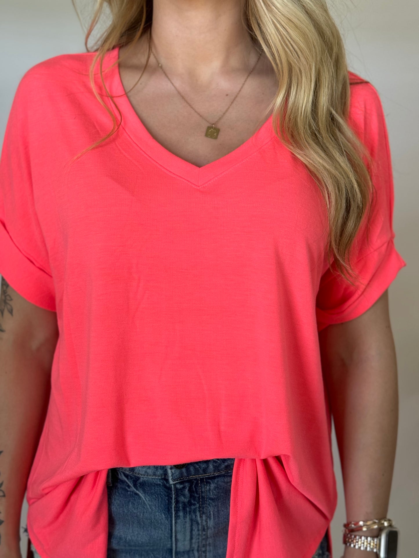 Neon Coral Cuffed Top