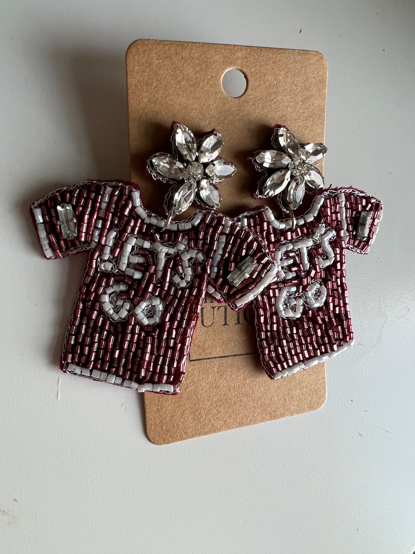 Beaded Maroon Jersey Earrings